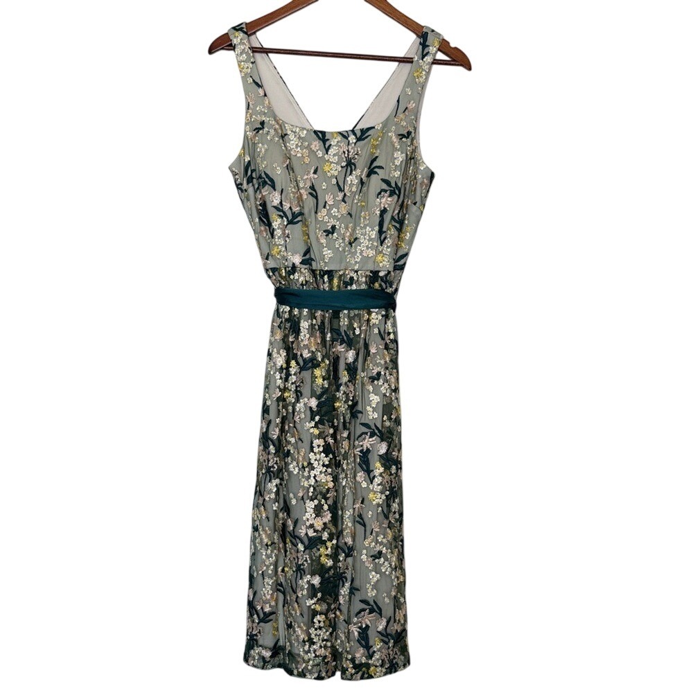 JS Collections Embroidered Mesh Midi Dress Ivory Green Floral Sash 6 NWT